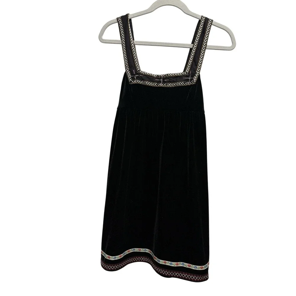 Free People Scandinavian Tunic Dress Black Velvet Boho Embroidered Trim Womens S